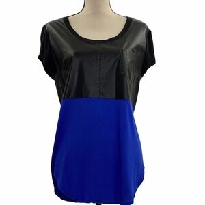 ARDEN B Color Block Black Faux Leather Blouse L